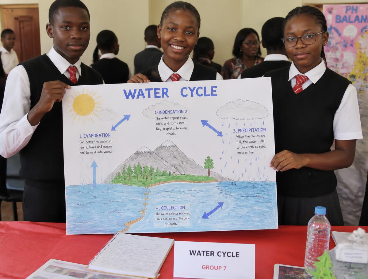 Students presenting a hand-made Water Cycle science project